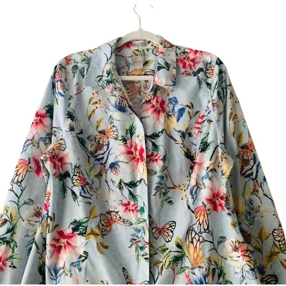 Chico’s No Iron Butterfly Floral Button-Up Shirt Women Size 12/14 Preppy Office - Picture 6 of 12